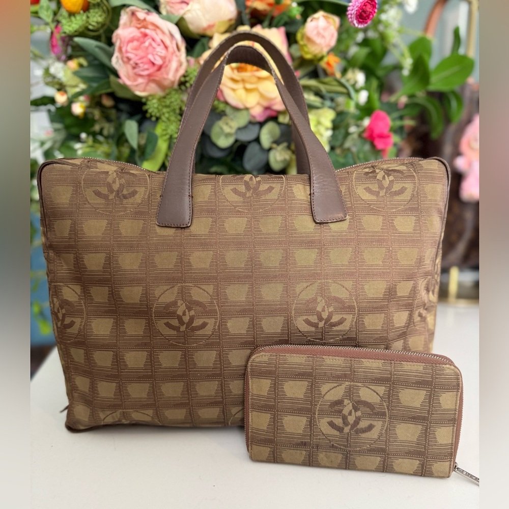 CHANEL Canvas Long Wallet Khaki Green New Travel Line Coco Logo